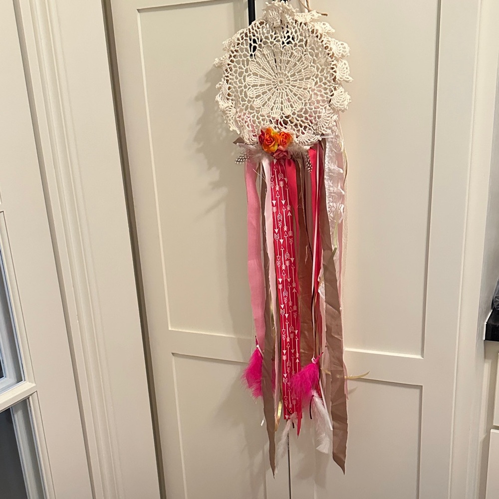 Boho Western Romantic Crocheted Handmade Dreamcatcher with Pink and Tan Ribbons